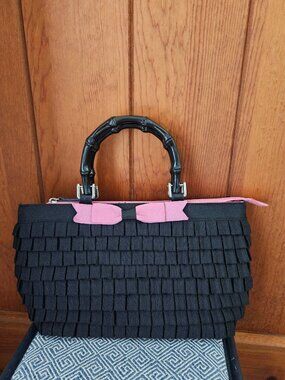 Braciano Black Tiered Fabric Handbag w/ Pink Bow, Bamboo-Style Handles